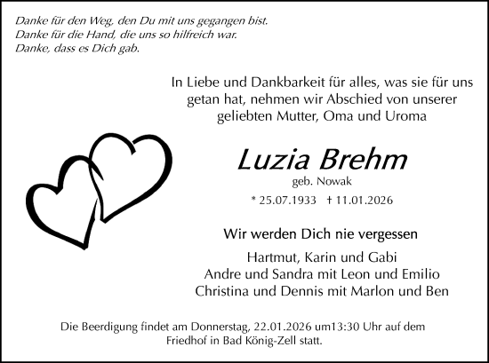 Traueranzeige von Luzia Brehm von Odenwälder Echo