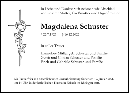 Traueranzeige von Magdalena Schuster von Allgemeine Zeitung Mainz
