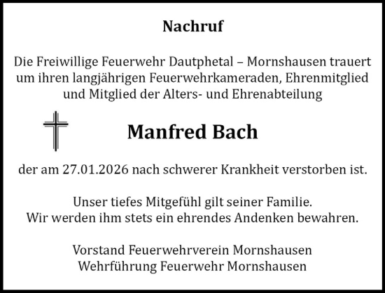 Traueranzeige von Manfred Bach von Hinterländer Anzeiger
