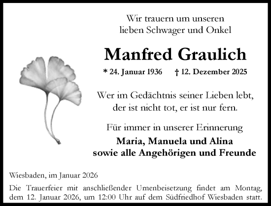 Traueranzeige von Manfred Graulich von Wiesbadener Kurier