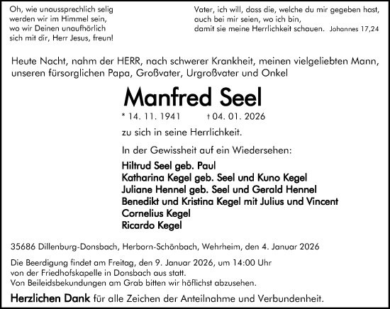Traueranzeige von Manfred Seel von Dill Block