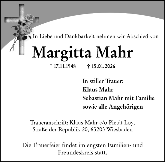 Traueranzeige von Margitta Mahr von Wiesbadener Kurier