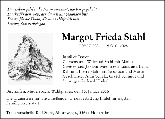 Traueranzeige von Margot Frieda Stahl von Wetzlarer Neue Zeitung