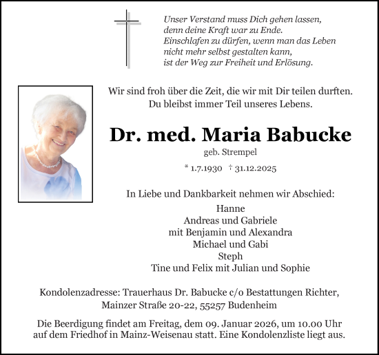 Traueranzeige von Maria Babucke von Allgemeine Zeitung Mainz