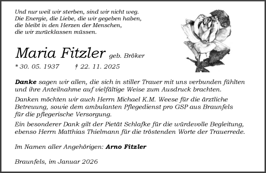 Traueranzeige von Maria Fitzler von Wetzlarer Neue Zeitung