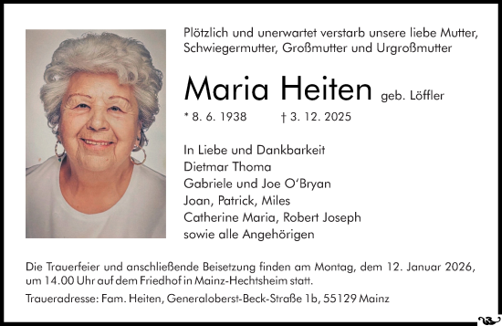 Traueranzeige von Maria Heiten von Allgemeine Zeitung Mainz