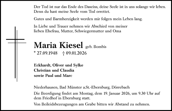 Traueranzeige von Maria Kiesel von Allgemeine Zeitung Rheinhessen-Nahe