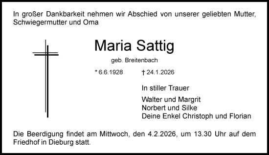 Traueranzeige von Maria Sattig von Dieburger Anzeiger/Groß-Zimmerner Lokal-Anzeiger