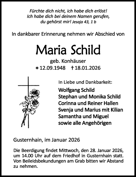 Traueranzeige von Maria Schild von Dill Block