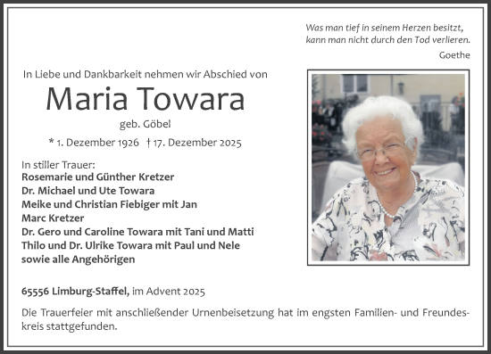 Traueranzeige von Maria Towara von Nassauische Neue Presse