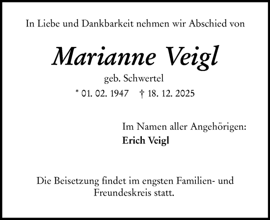 Traueranzeige von Marianne Veigl von Camberger Anzeiger