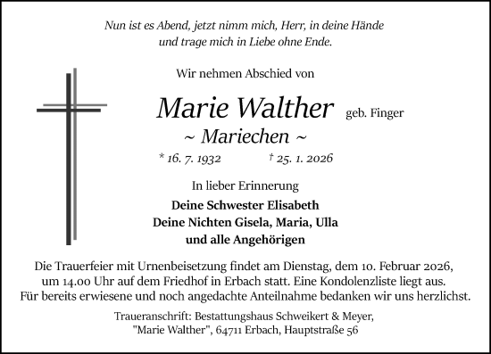 Traueranzeige von Marie Walther von Odenwälder Echo