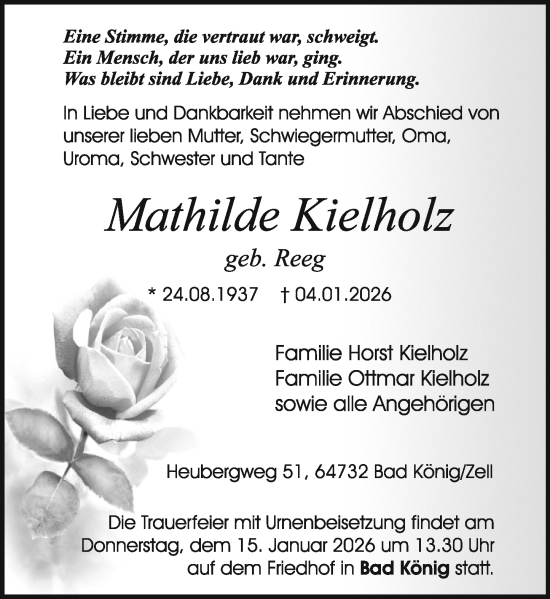 Traueranzeige von Mathilde Kielholz von Odenwälder Echo