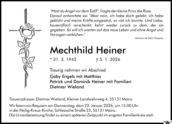 Traueranzeige von Mechthild Heiner von Allgemeine Zeitung Mainz