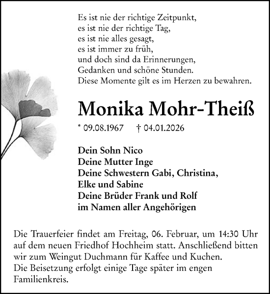 Traueranzeige von Monika Mohr-Theiß von Hochheimer Zeitung