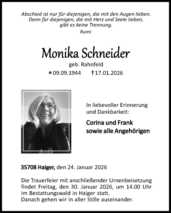 Traueranzeige von Monika Schneider von Dill Block