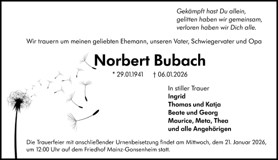 Traueranzeige von Norbert Bubach von Allgemeine Zeitung Mainz