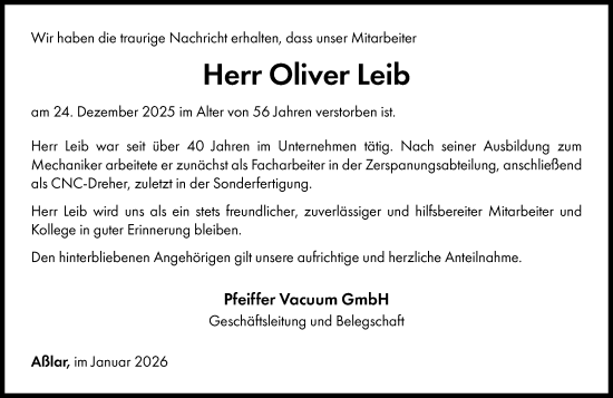 Traueranzeige von Oliver Leib von Wetzlarer Neue Zeitung