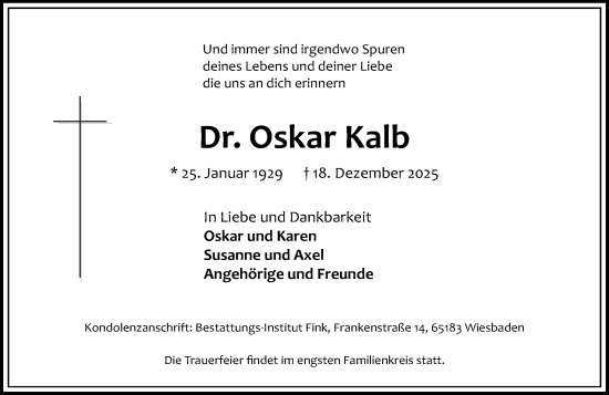 Traueranzeige von Oskar Kalb von Wiesbadener Kurier