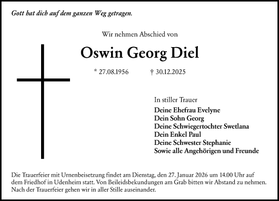 Traueranzeige von Oswin Georg Diel von Allgemeine Zeitung Mainz