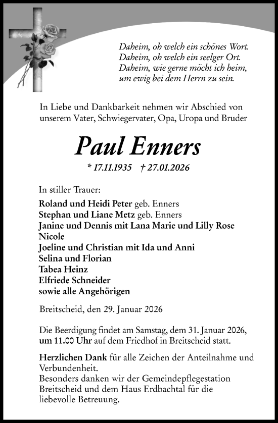 Traueranzeige von Paul Enners von Dill Block