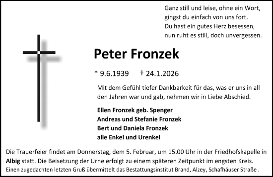 Traueranzeige von Peter Fronzek von Allgemeine Zeitung Alzey