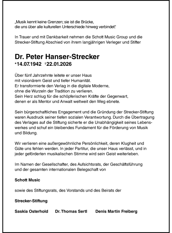 Traueranzeige von Peter Hanser-Strecker von Wiesbadener Kurier