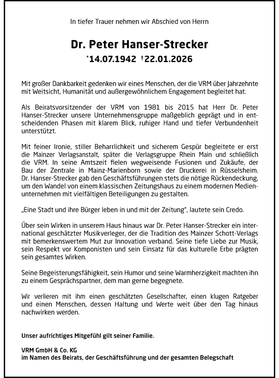 Traueranzeige von Peter Hanser-Strecker von Wiesbadener Kurier