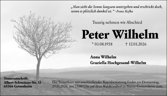 Traueranzeige von Peter Wilhelm von Wiesbadener Kurier
