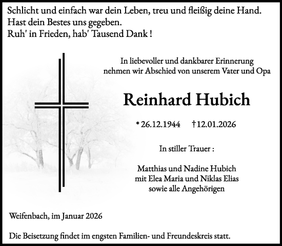Traueranzeige von Reinhard Hubich von Hinterländer Anzeiger