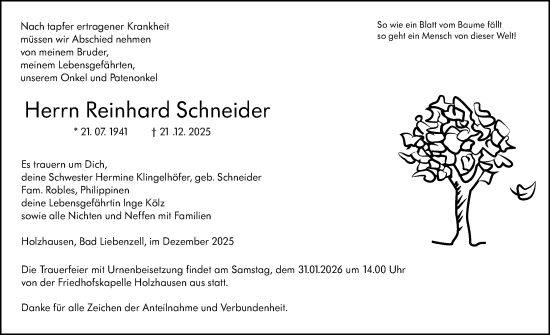 Traueranzeige von Reinhard Schneider von Hinterländer Anzeiger