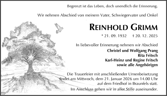 Traueranzeige von Reinhold Grimm von Wetzlarer Neue Zeitung