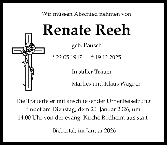 Traueranzeige von Renate Reeh von Wetzlarer Neue Zeitung