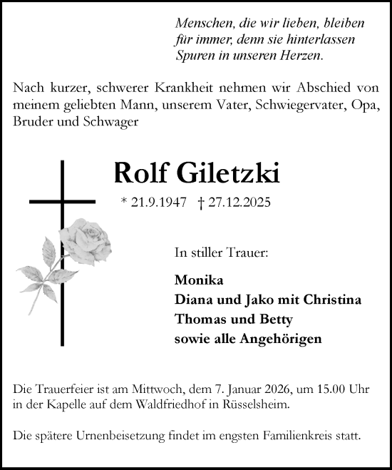 Traueranzeige von Rolf Giletzki von Rüsselsheimer Echo