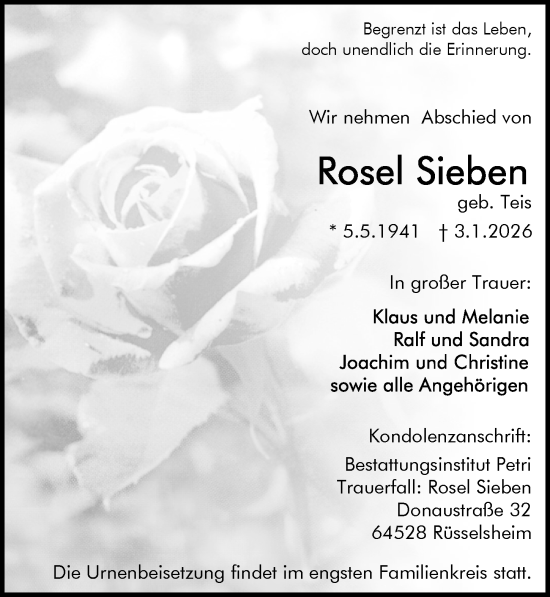 Traueranzeige von Rosel Sieben von Rüsselsheimer Echo