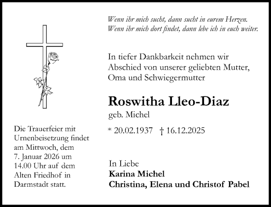Traueranzeige von Roswitha Lleo-Diaz von Darmstädter Echo