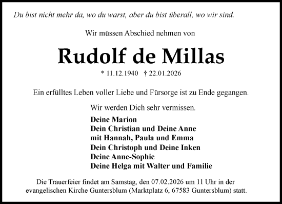 Traueranzeige von Rudolf de Millas von Darmstädter Echo