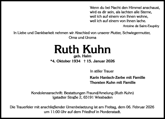 Traueranzeige von Ruth Kuhn von Wiesbadener Kurier