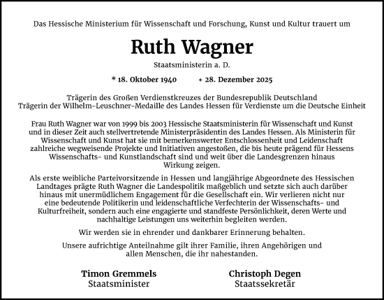 Traueranzeige von Ruth Wagner von Darmstädter Echo