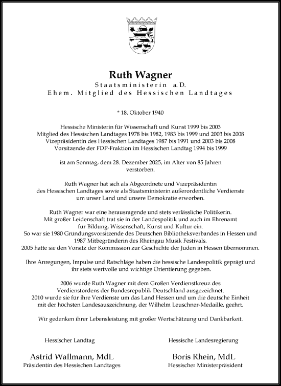Traueranzeige von Ruth Wagner von Darmstädter Echo