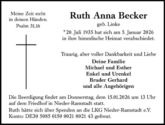 Traueranzeige von Ruth Anna Becker von Darmstädter Echo