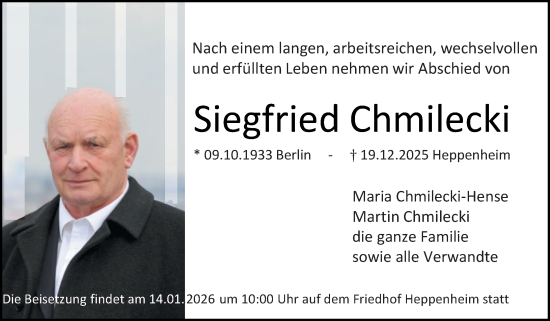 Traueranzeige von Siegfried Chmilecki von Starkenburger Echo