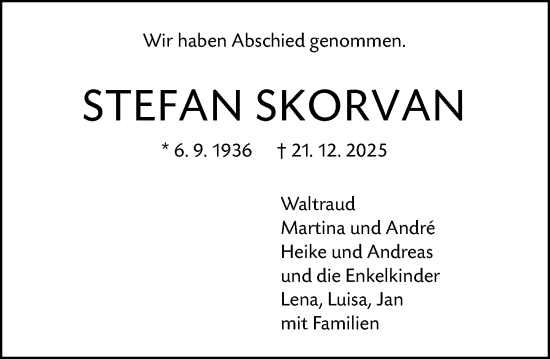 Traueranzeige von Stefan Skorvan von Wetzlarer Neue Zeitung