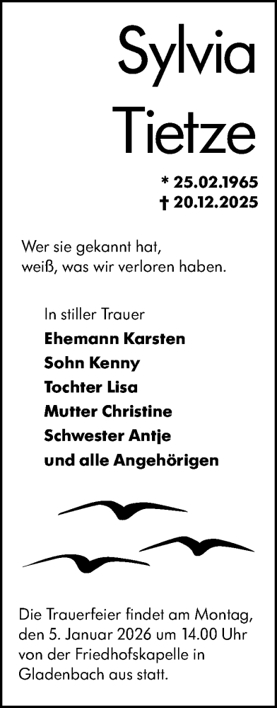 Traueranzeige von Sylvia Tietze von Hinterländer Anzeiger