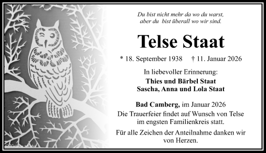 Traueranzeige von Telse Staat von Camberger Anzeiger