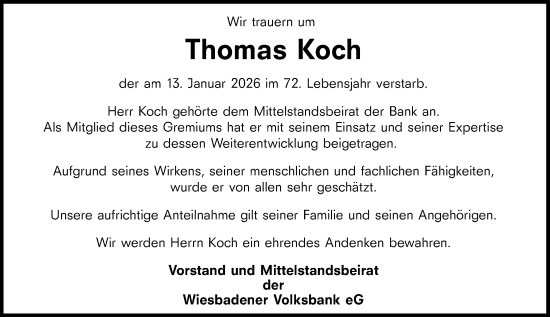 Traueranzeige von Thomas Koch von Wiesbadener Kurier