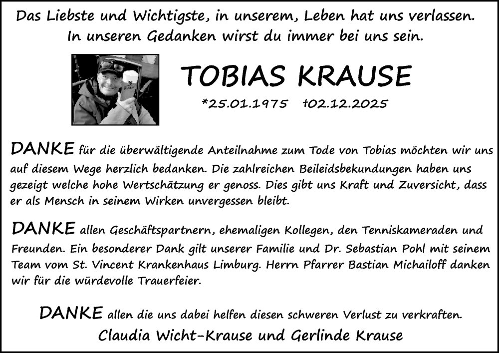  Traueranzeige für Tobias Krause vom 15.01.2026 aus Camberger Anzeiger