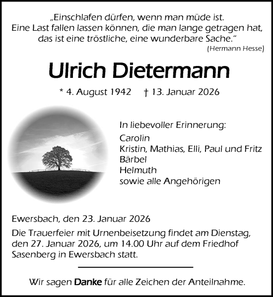 Traueranzeige von Ulrich Dietermann von Dill Block
