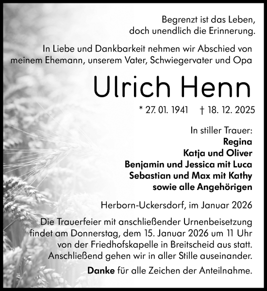 Traueranzeige von Ulrich Henn von Dill Block