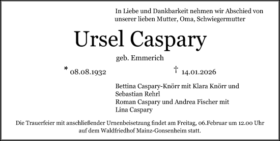 Traueranzeige von Ursel Caspary von Allgemeine Zeitung Mainz